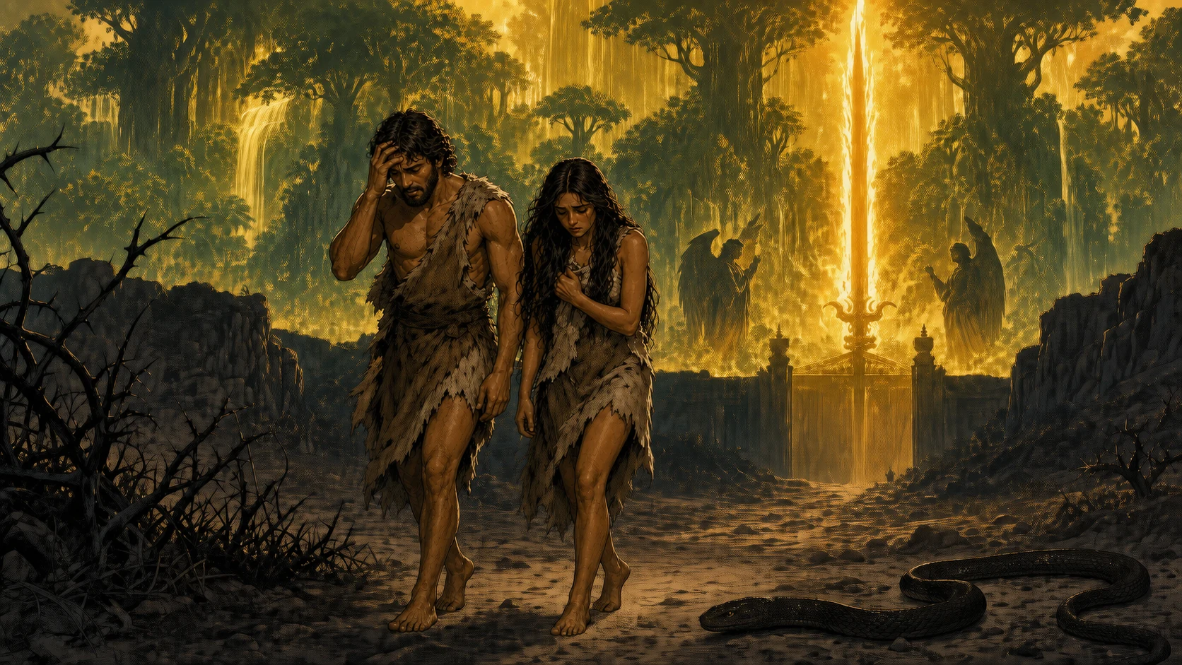 Adam and Eve leave Eden as the guarded garden recedes behind them.