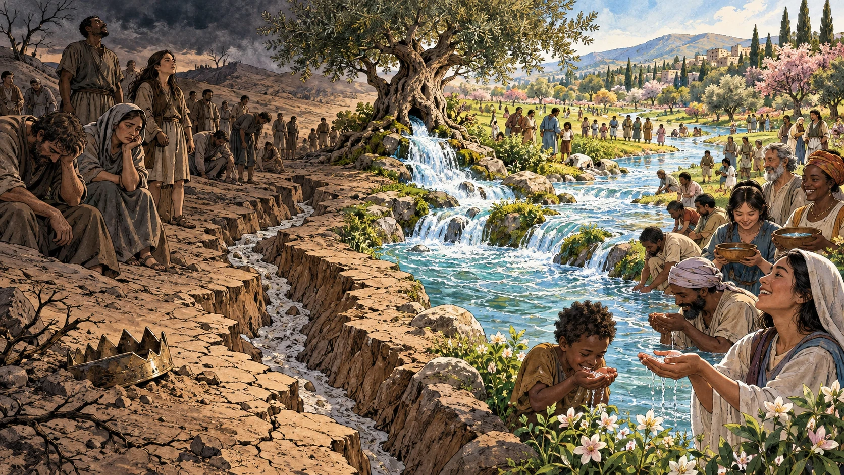 A spring from a living olive tree overflows a dry ravine and revives a diverse crowd and flowering land.