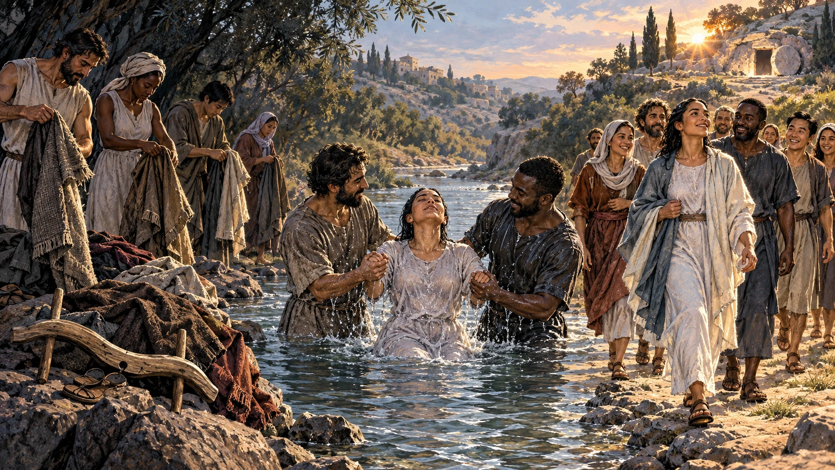 Adults move from discarded old garments through baptism into a sunlit path of new life.