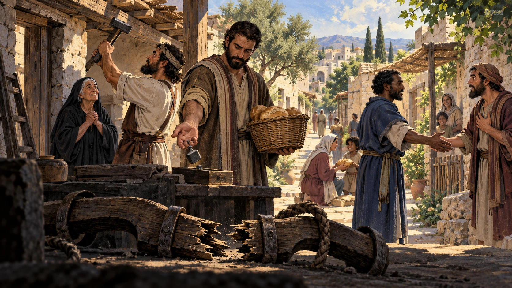 Neighbors turn their hands and tools from dishonesty, damage, and anger toward repair, bread, and reconciliation.