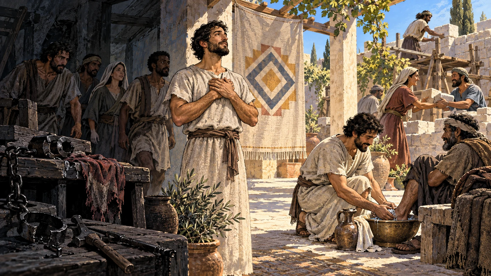 A freed adult leaves a broken chain and chooses humble service, foot washing, and shared rebuilding.