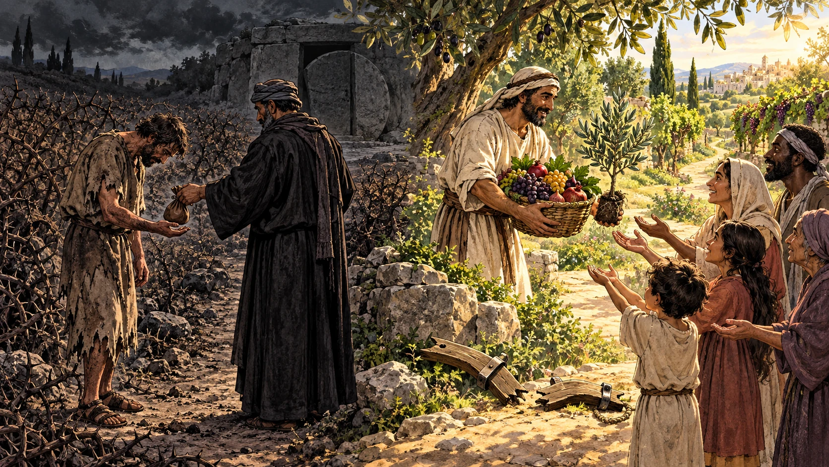 A laborer receives wages at a barren field while a gardener freely gives fruit and a living sapling beside a flourishing path.