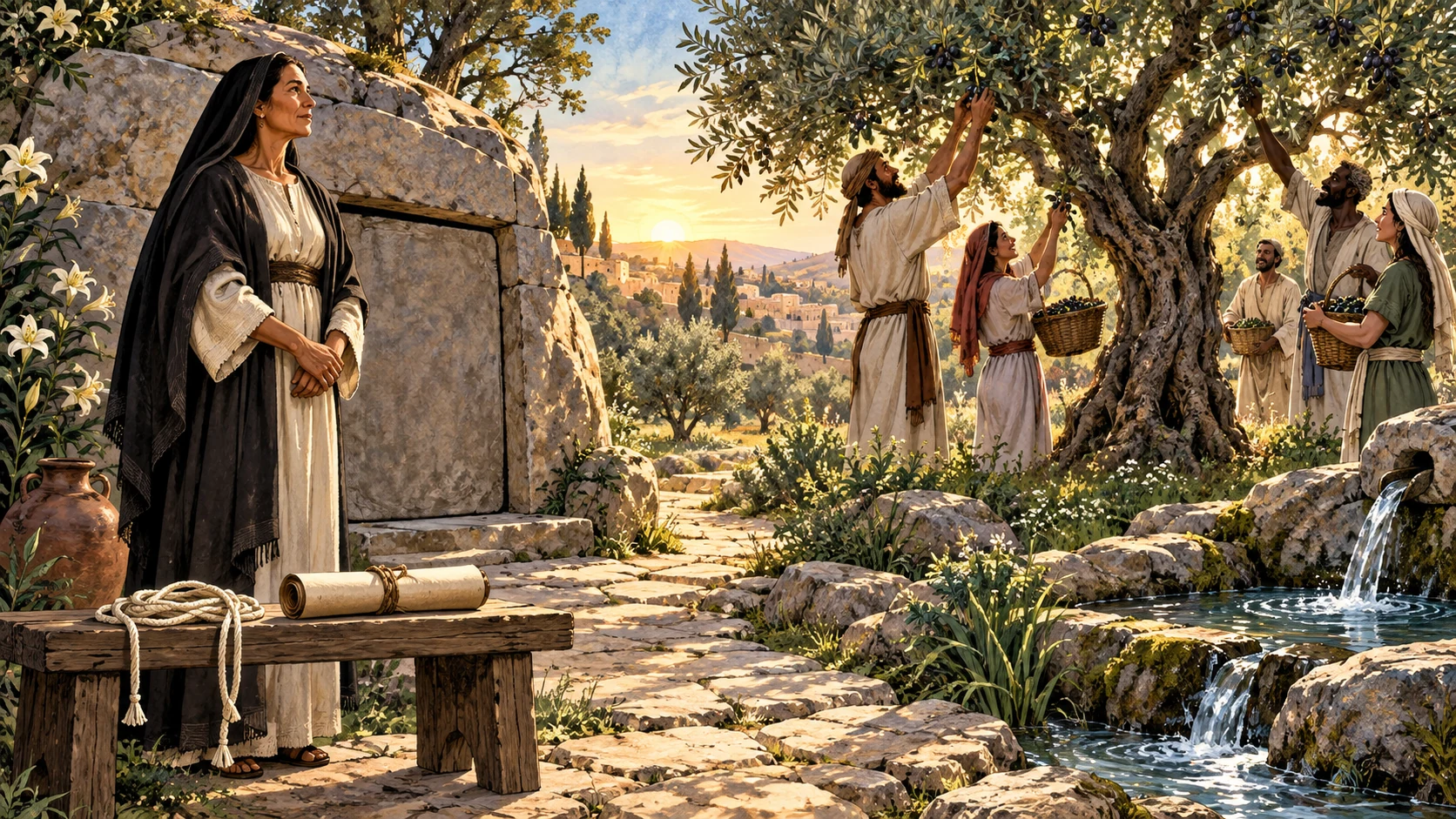 A widow stands beside a closed tomb as a path leads to people gathering fruit by a spring.