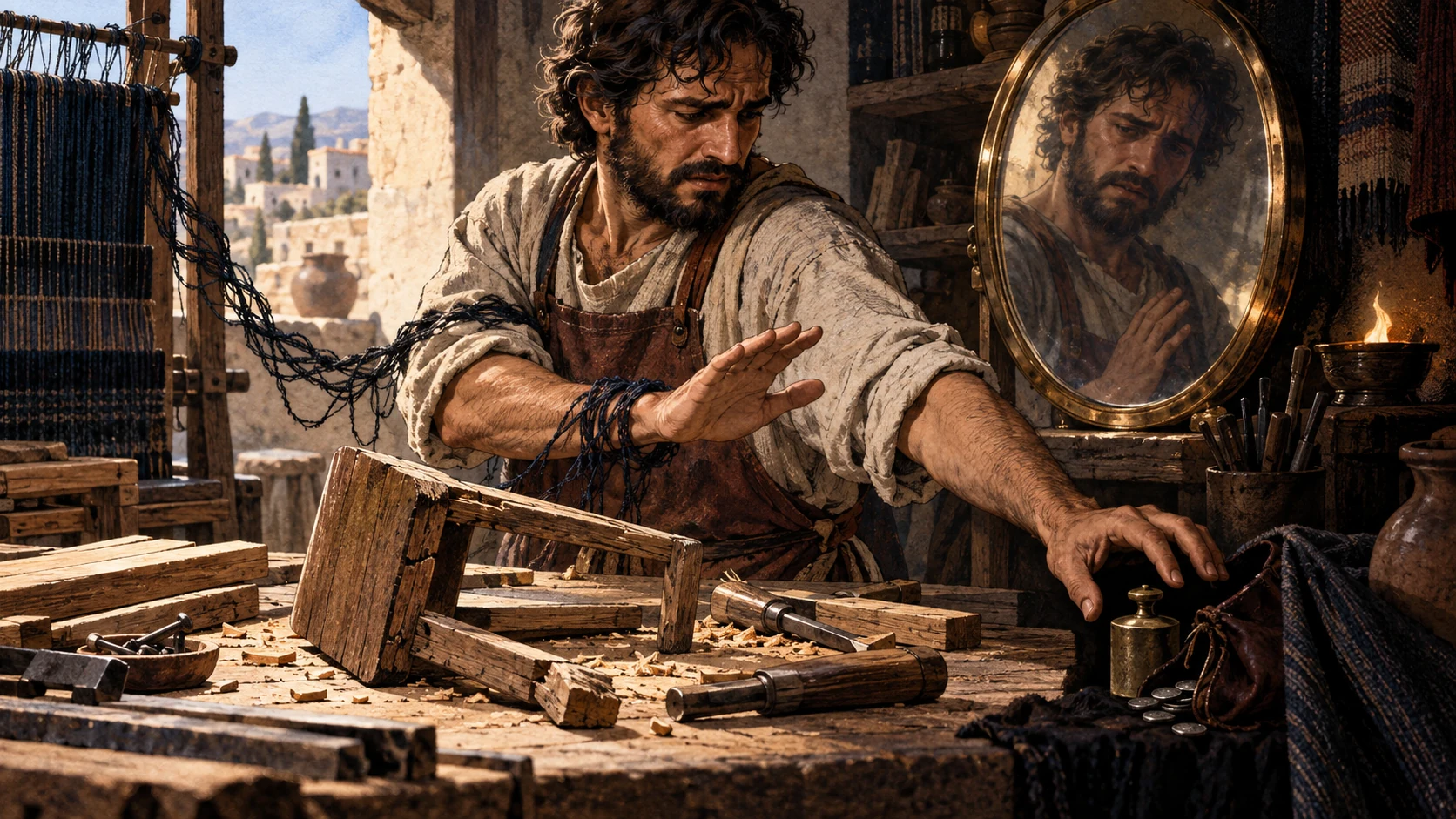 An artisan pulls his hand back from a dishonest weight while tangled thread catches his wrist beside an honest repair.