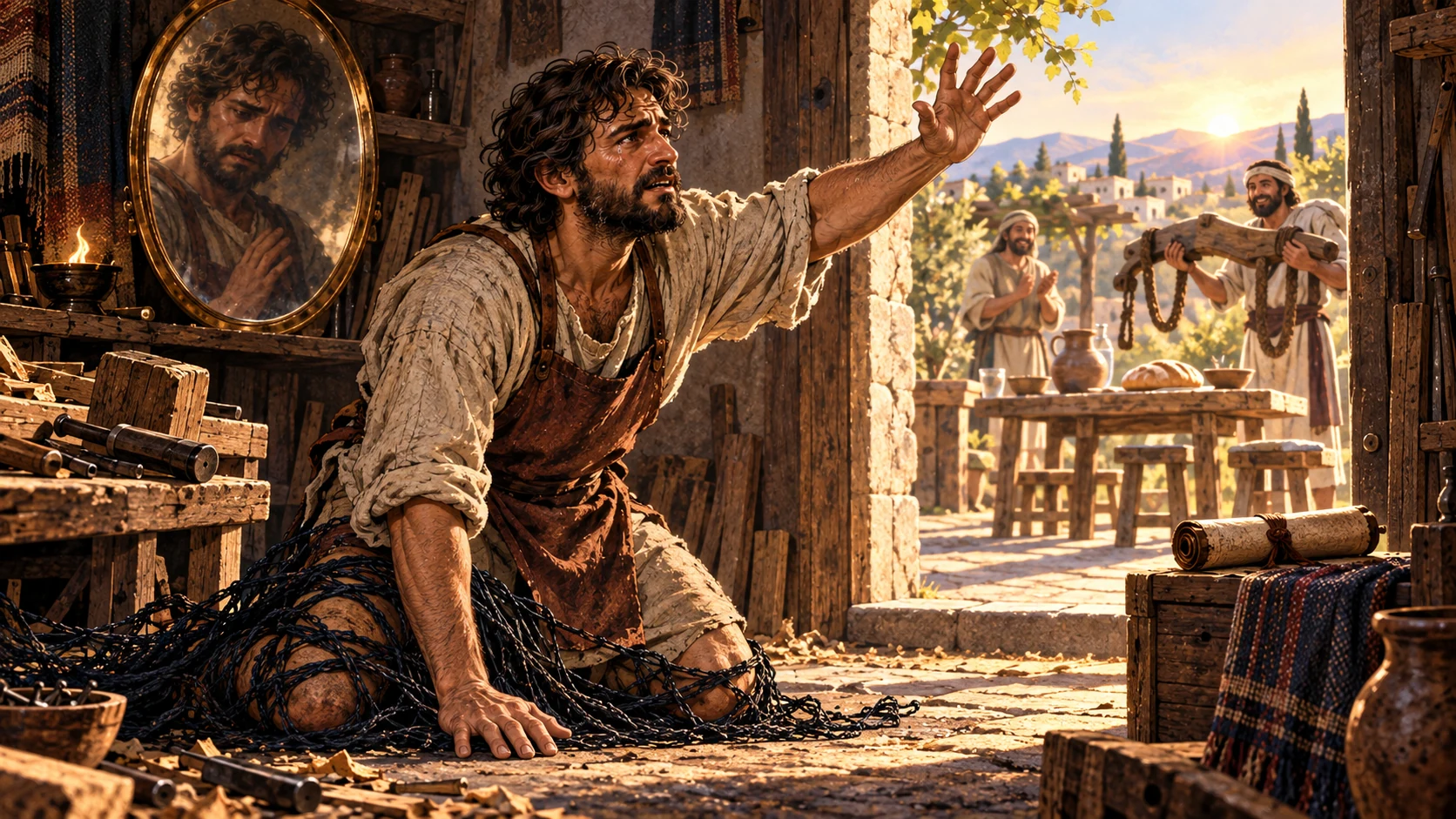 The same artisan reaches toward dawn while tangled net holds his lower legs and neighbors remove an abandoned yoke outside.