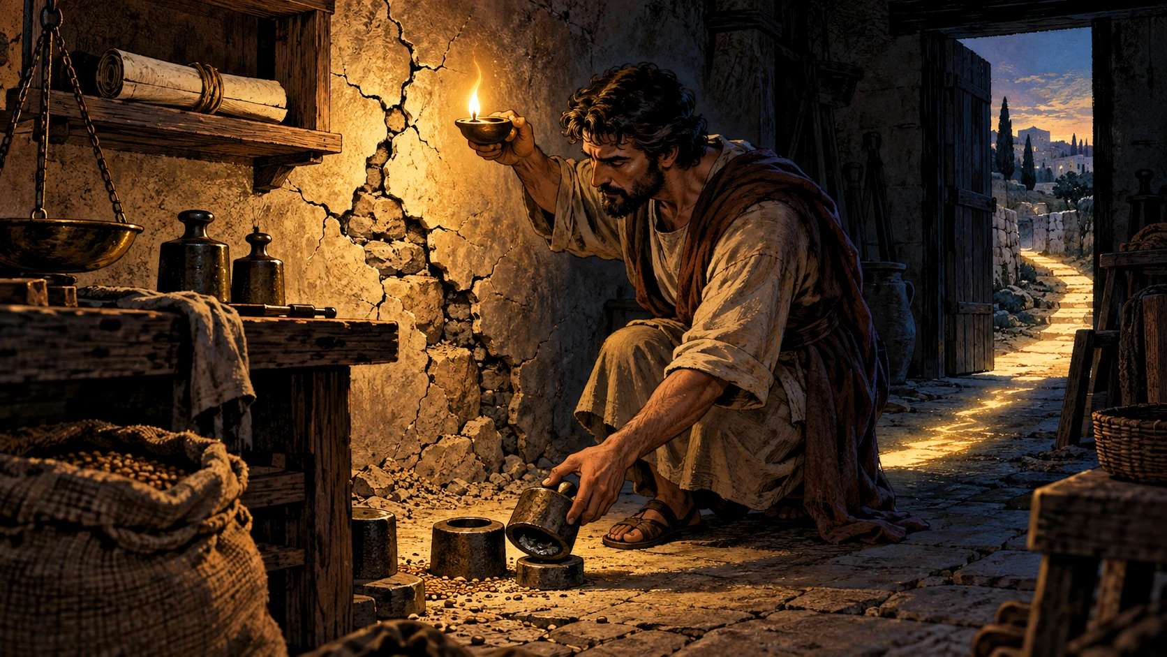 A lamp reveals a hidden crack and false weight while a closed scroll rests above the workshop.
