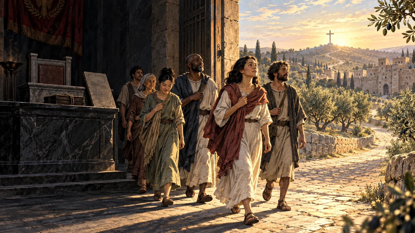 Adults leave an empty judgment hall toward a distant cross and living olive road.