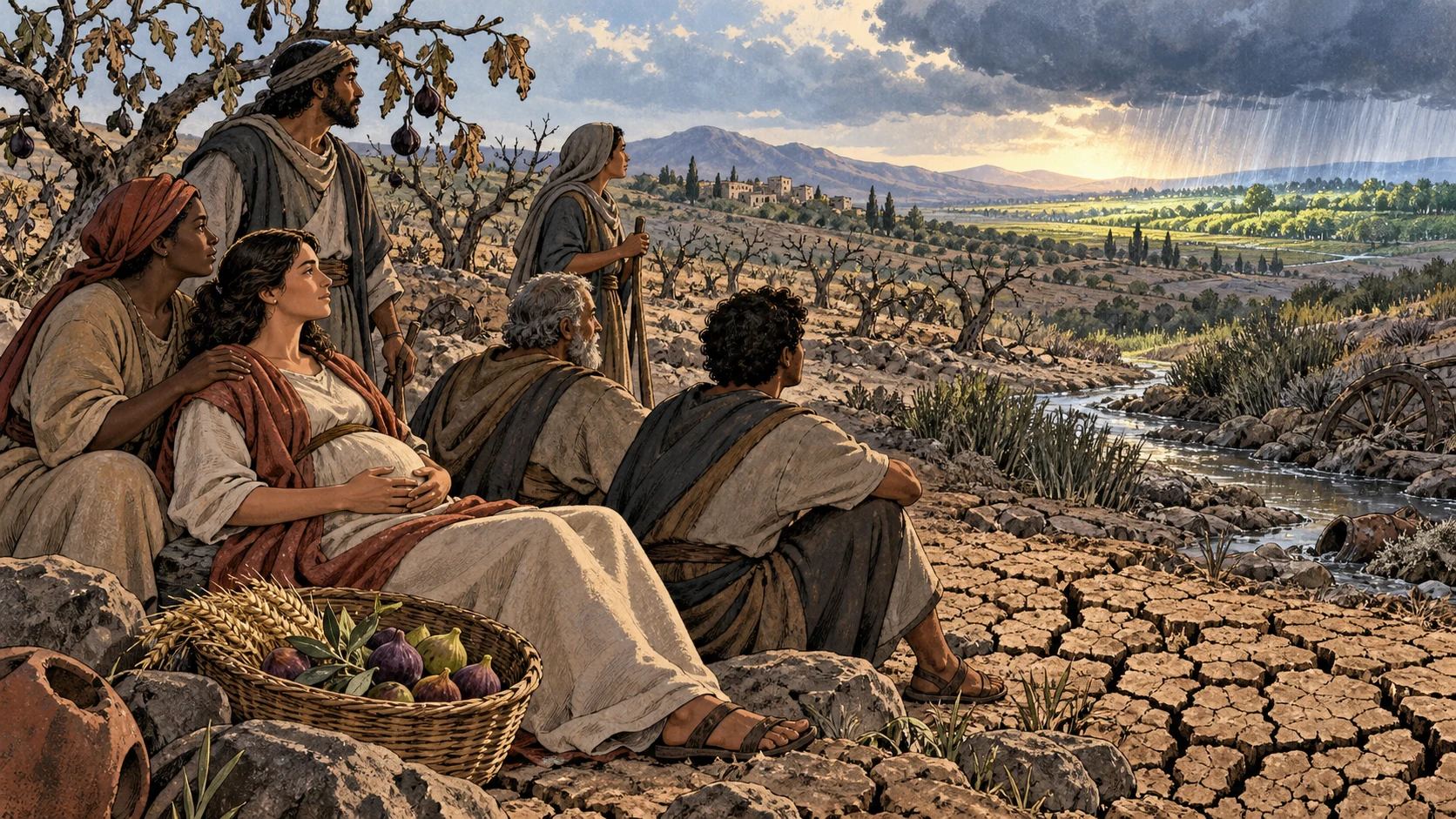A drought-stricken community, a safely resting pregnant woman, and firstfruits watch distant rain reach green land.