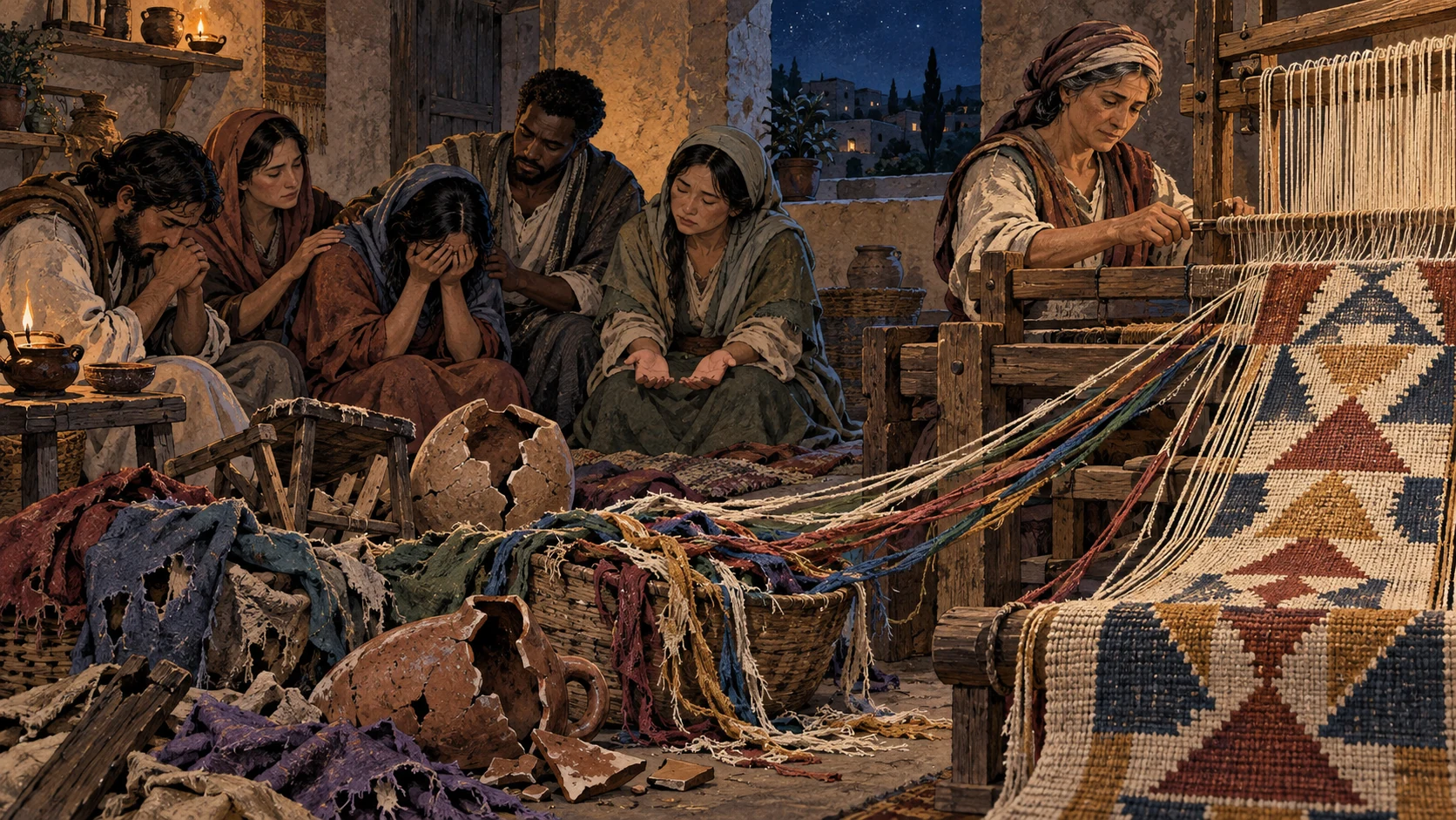 Believers pray without words while a weaver draws torn threads into one unfinished mantle.