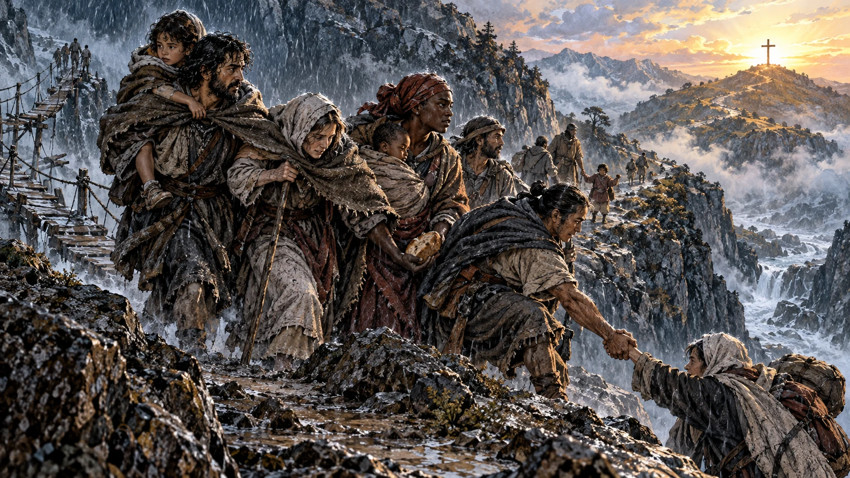 Families cross a stormy mountain pass by practical care toward dawn and a distant cross.