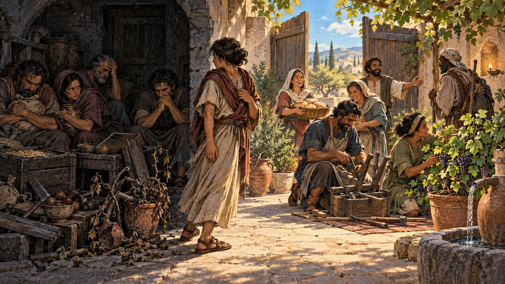 An anxious closed household turns toward an open community sharing bread, repair, welcome, and a living vine.