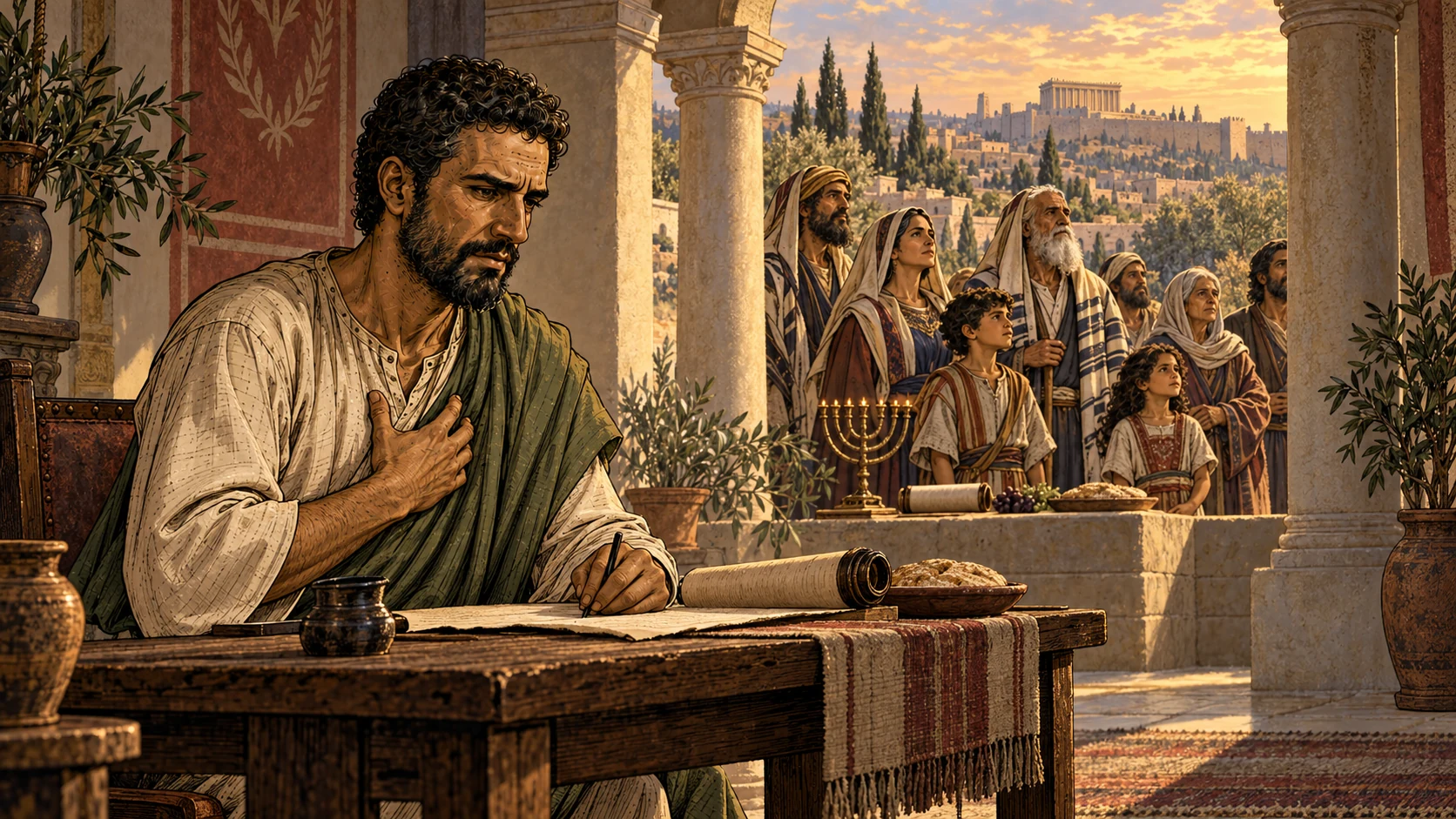 Paul writes with one hand over his heart while a Jewish community and covenant symbols fill the open courtyard beyond.