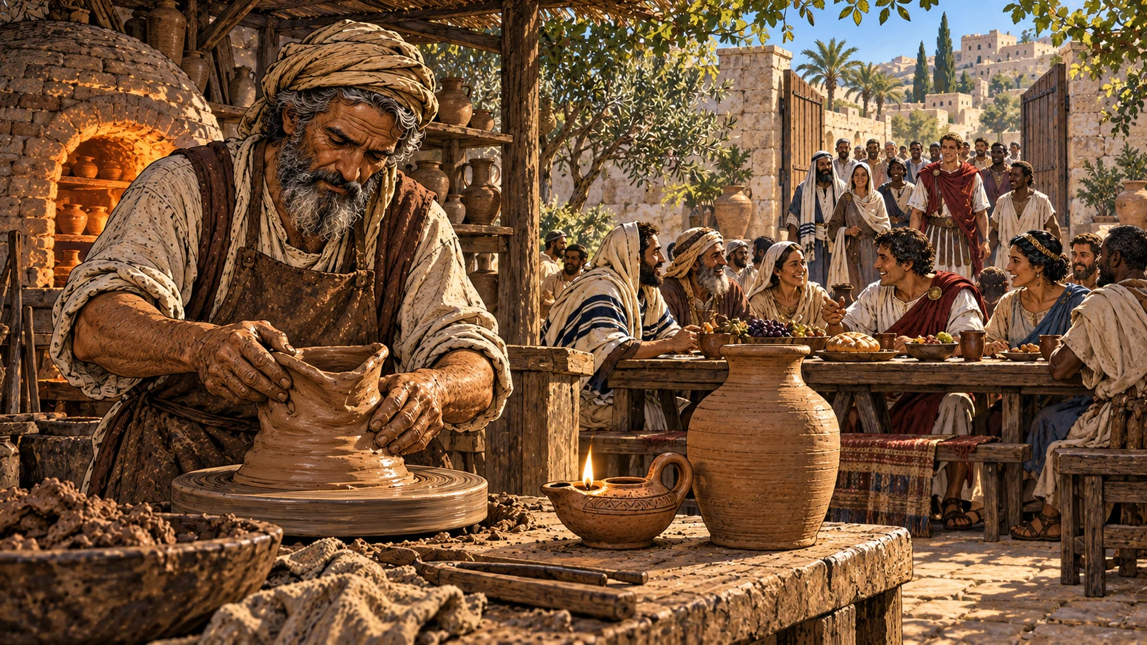 A potter patiently reshapes clay while complete vessels stand before Jews and Gentiles gathering at one table.
