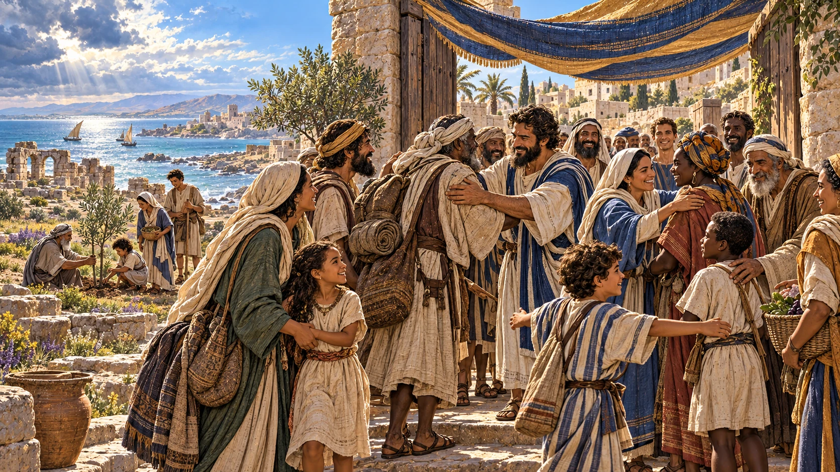 Families are welcomed beneath one canopy while a small remnant tends an olive sapling beside the sea.