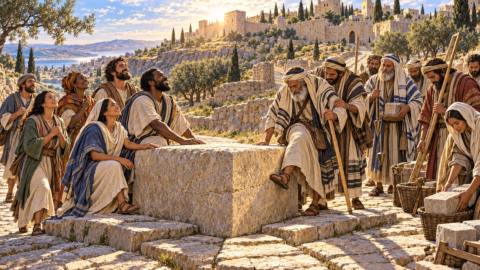 Two roads meet at a great cornerstone as empty-handed travelers rest and burdened builders pause after a companion steadies one who stumbled.