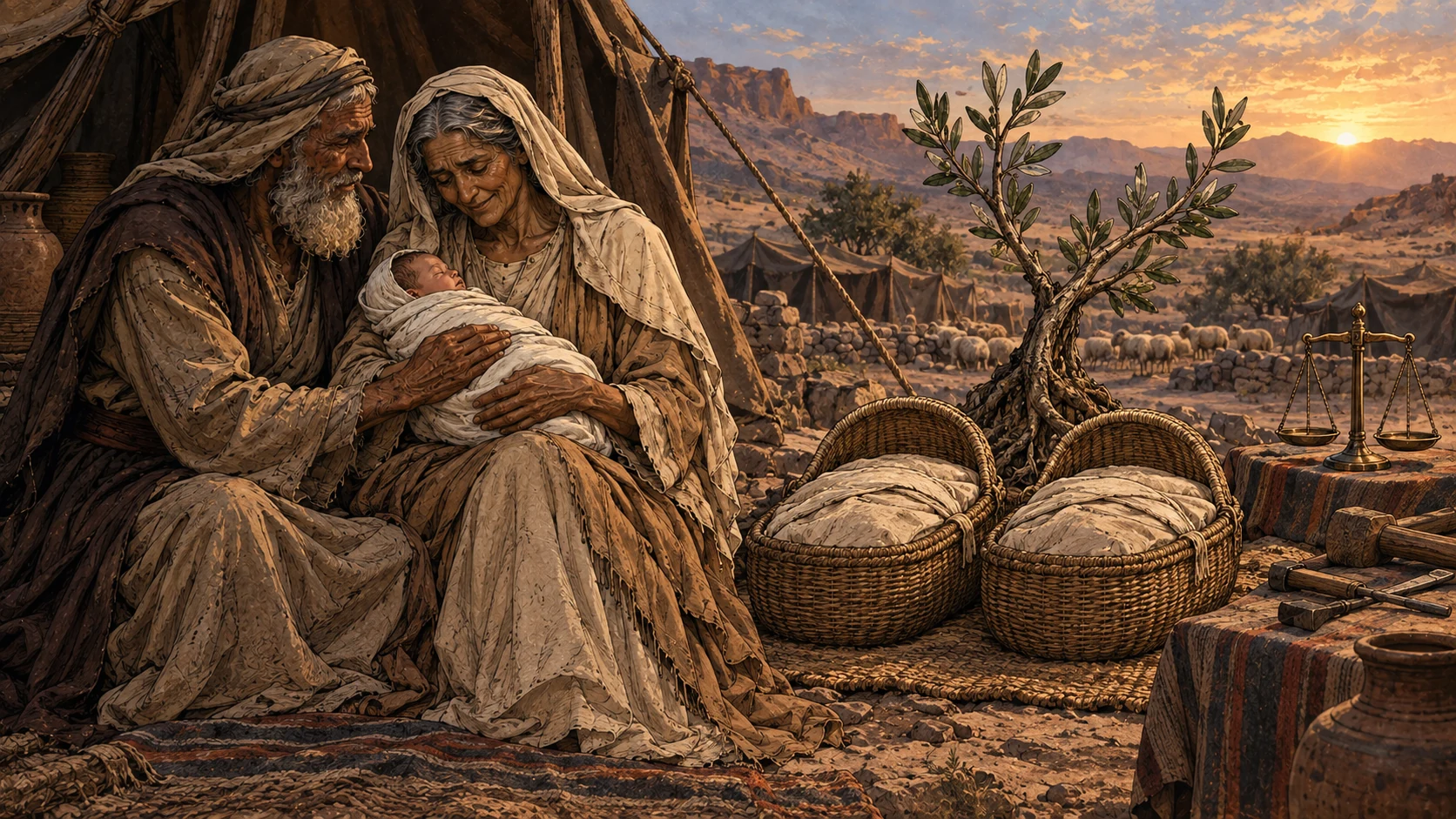 Elderly Abraham and Sarah cradle the promised infant beside two equal bassinets, one olive root, a closed scale, and untouched tools.