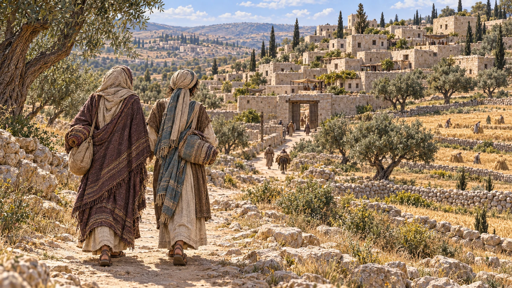 Naomi and Ruth approach Bethlehem.
