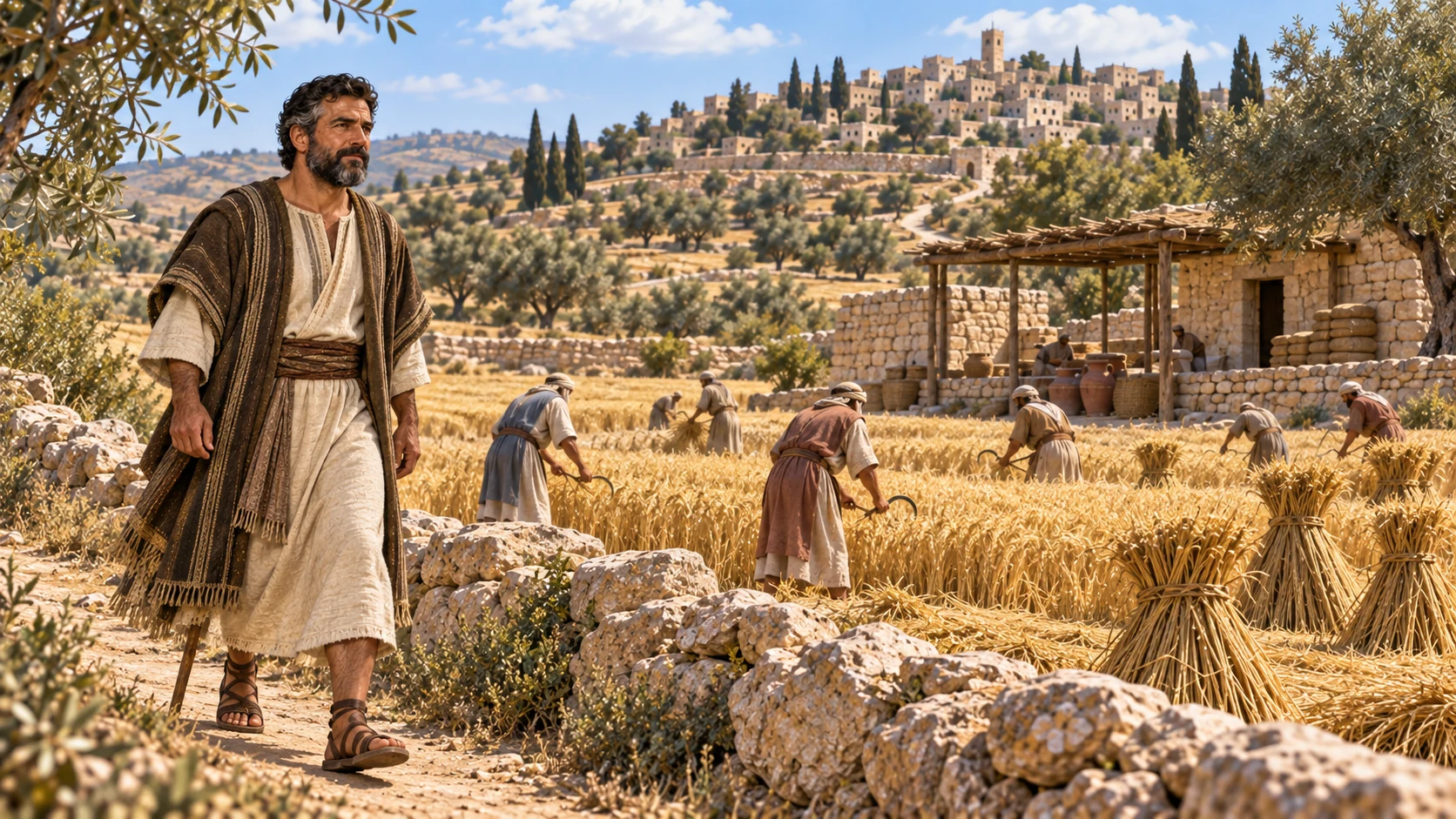 Boaz arrives from Bethlehem.