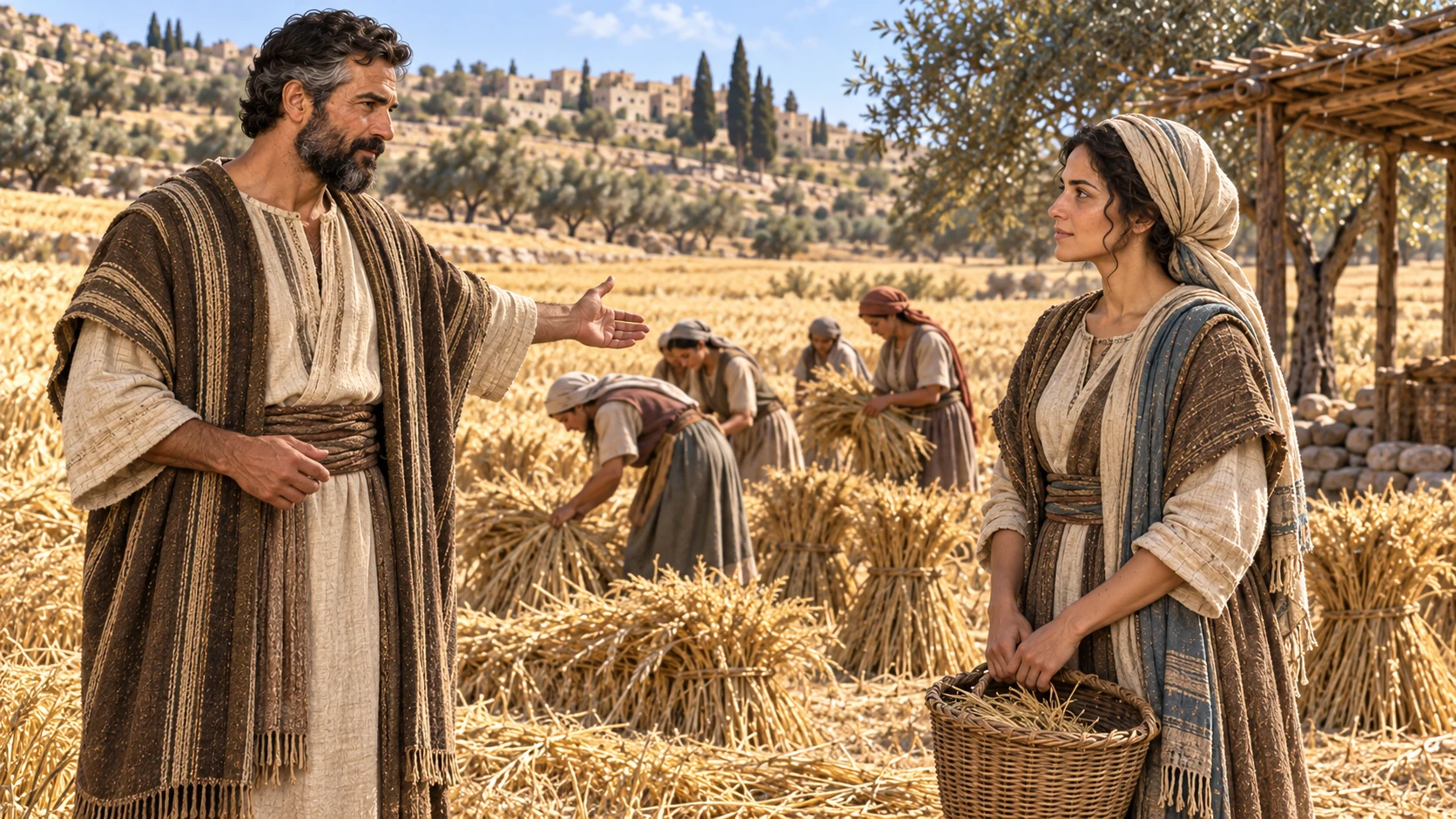 Boaz directs Ruth to stay near his female workers.