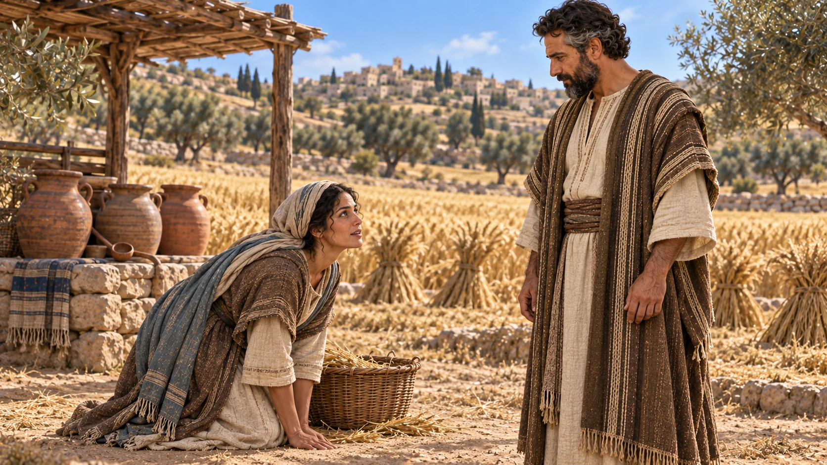 Ruth bows and questions Boaz's favor.