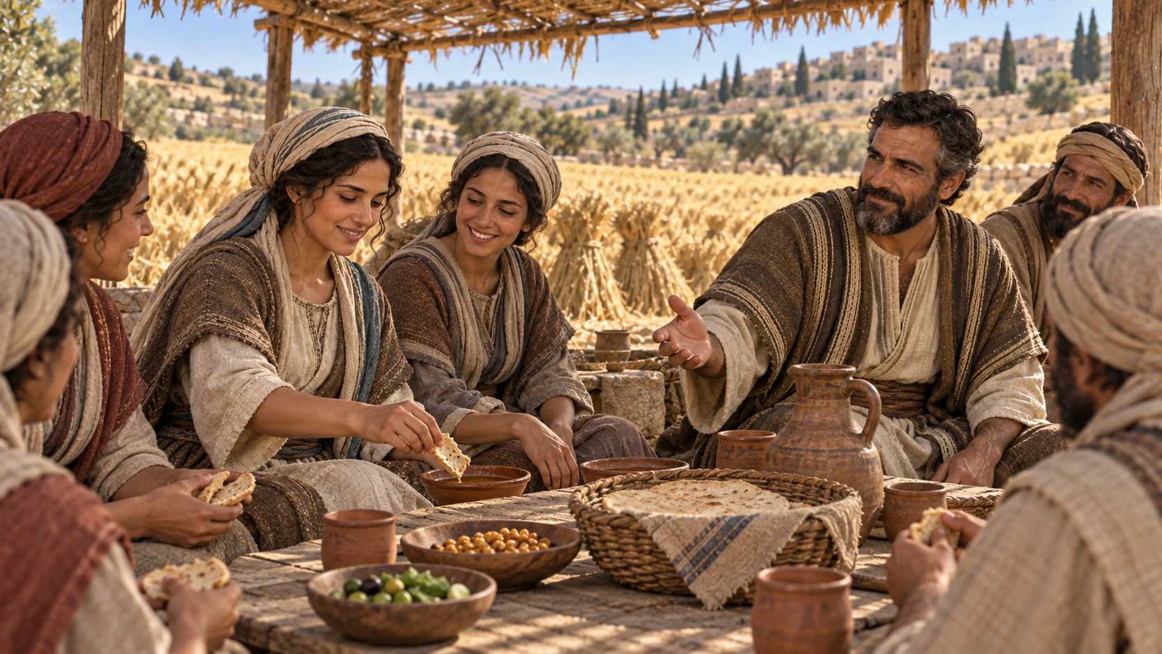 Ruth joins the meal and dips bread.