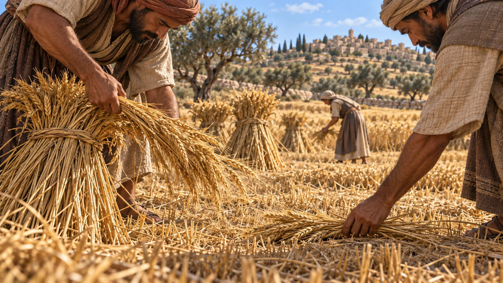 Workers pull barley stalks from bundles and leave them for Ruth.