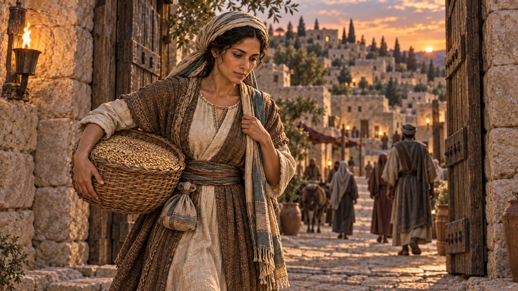 Ruth carries the beaten barley into Bethlehem.