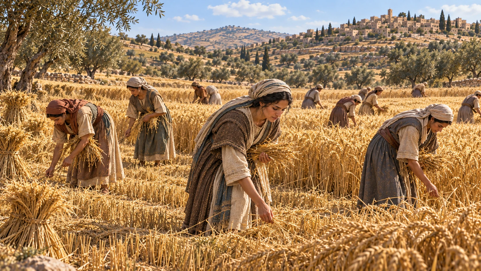 Ruth stays close to the female workers through the later wheat harvest.