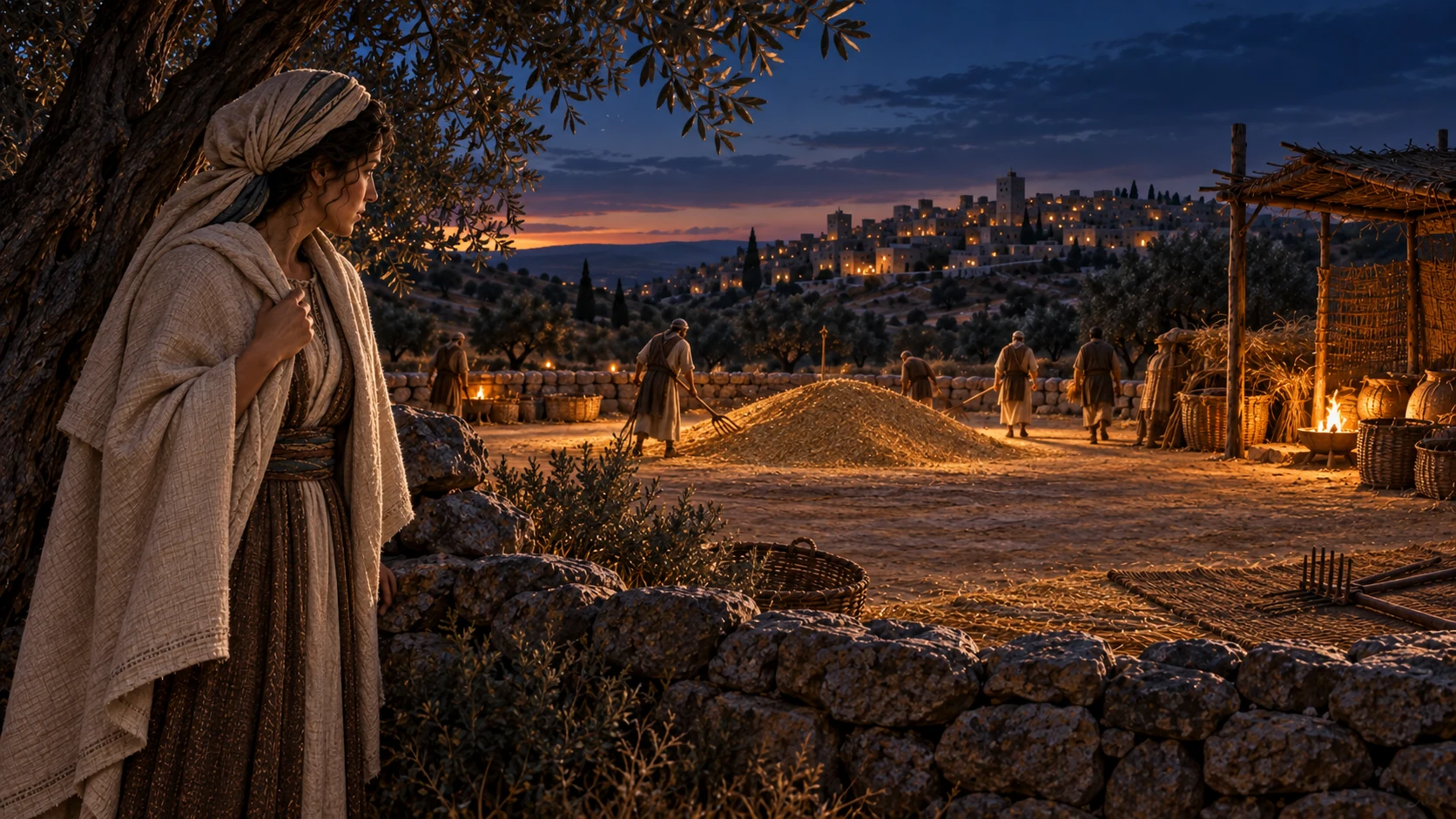 Ruth arrives and waits at the threshing-floor edge.