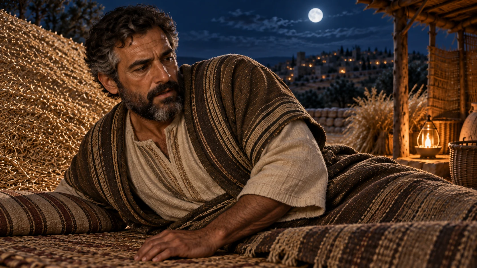 Boaz startles awake at midnight.