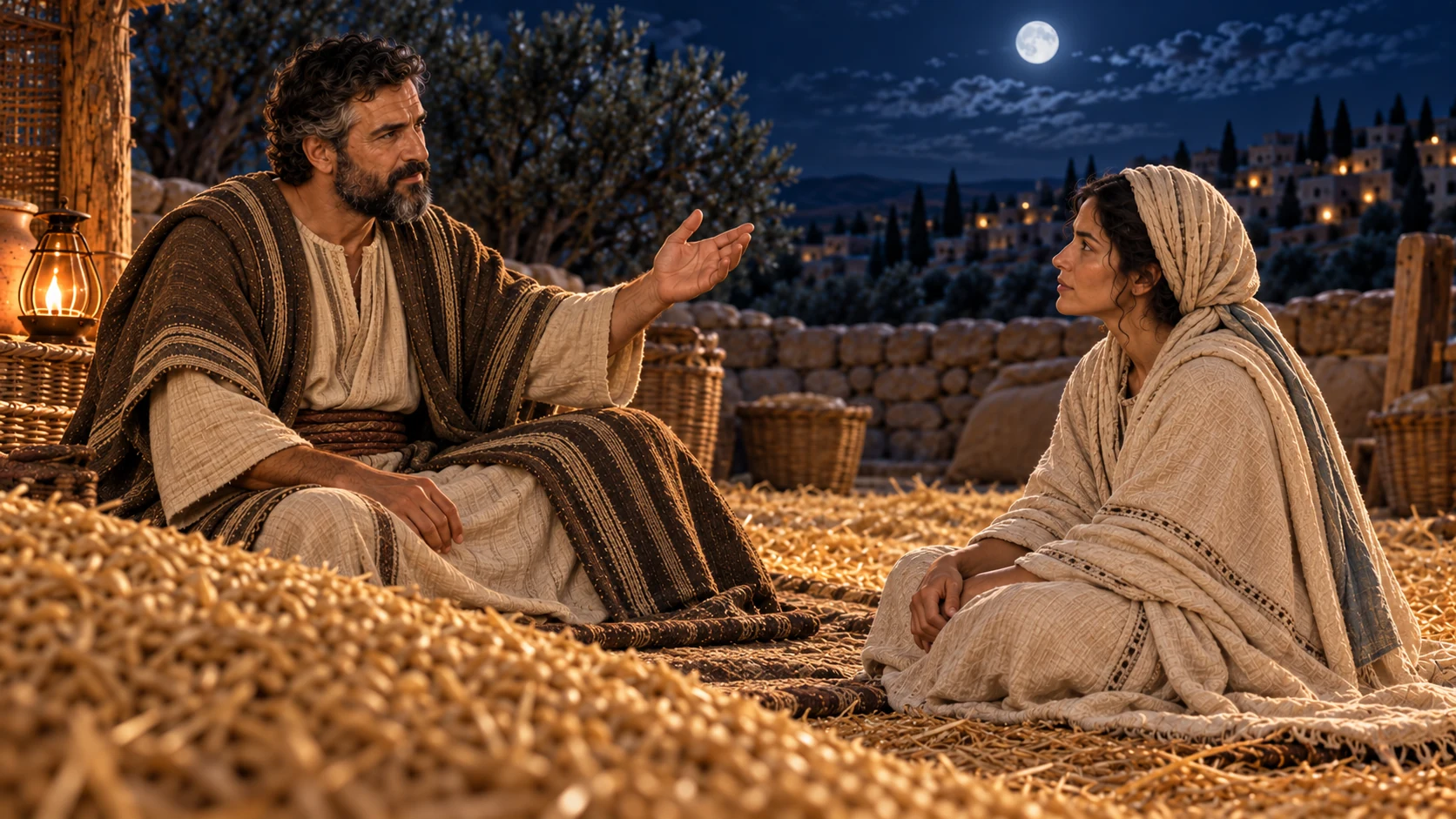 Boaz blesses Ruth and acknowledges her greater kindness.