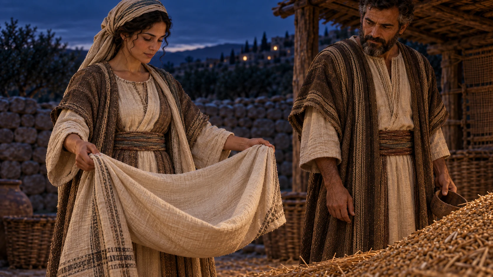 Ruth holds out her cloak for barley.