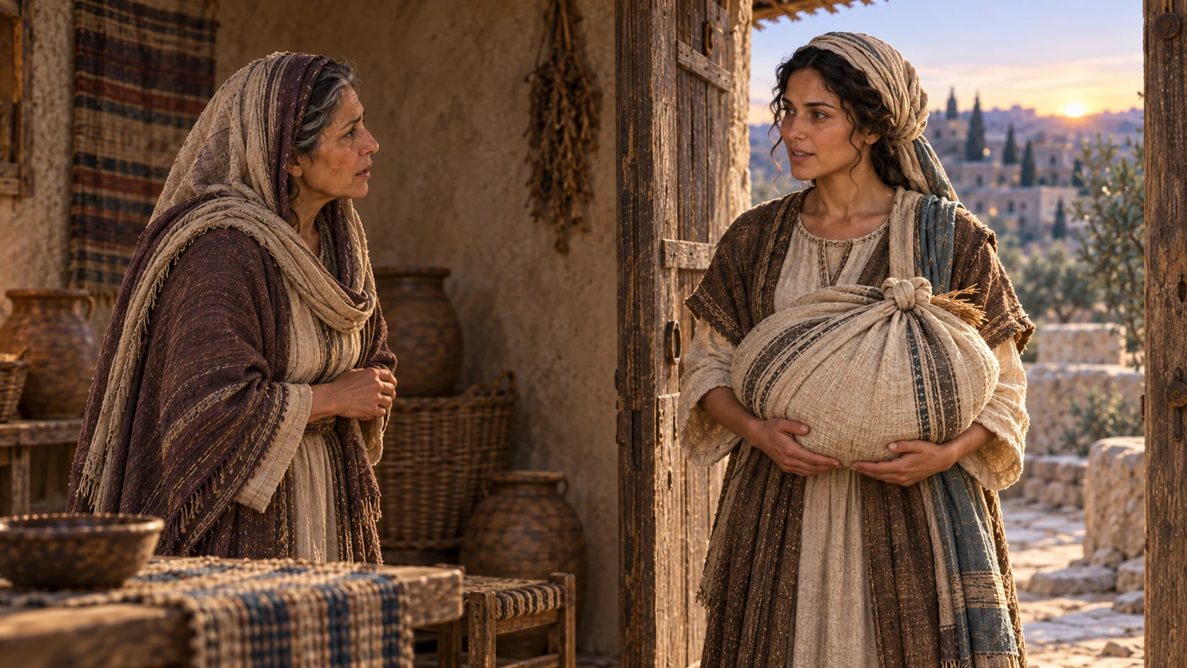 Ruth returns to Naomi carrying the tied barley bundle.