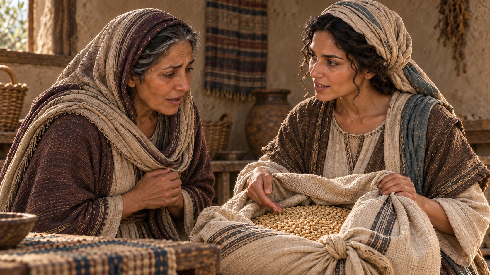 Ruth shows Naomi the six measures of barley.