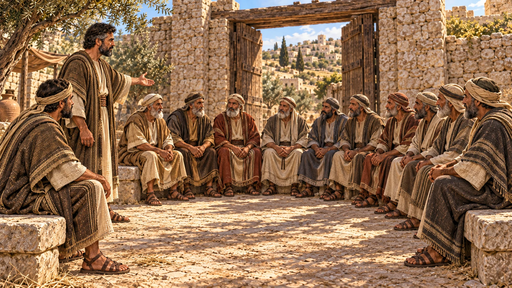 Ten elders sit as witnesses at the gate.