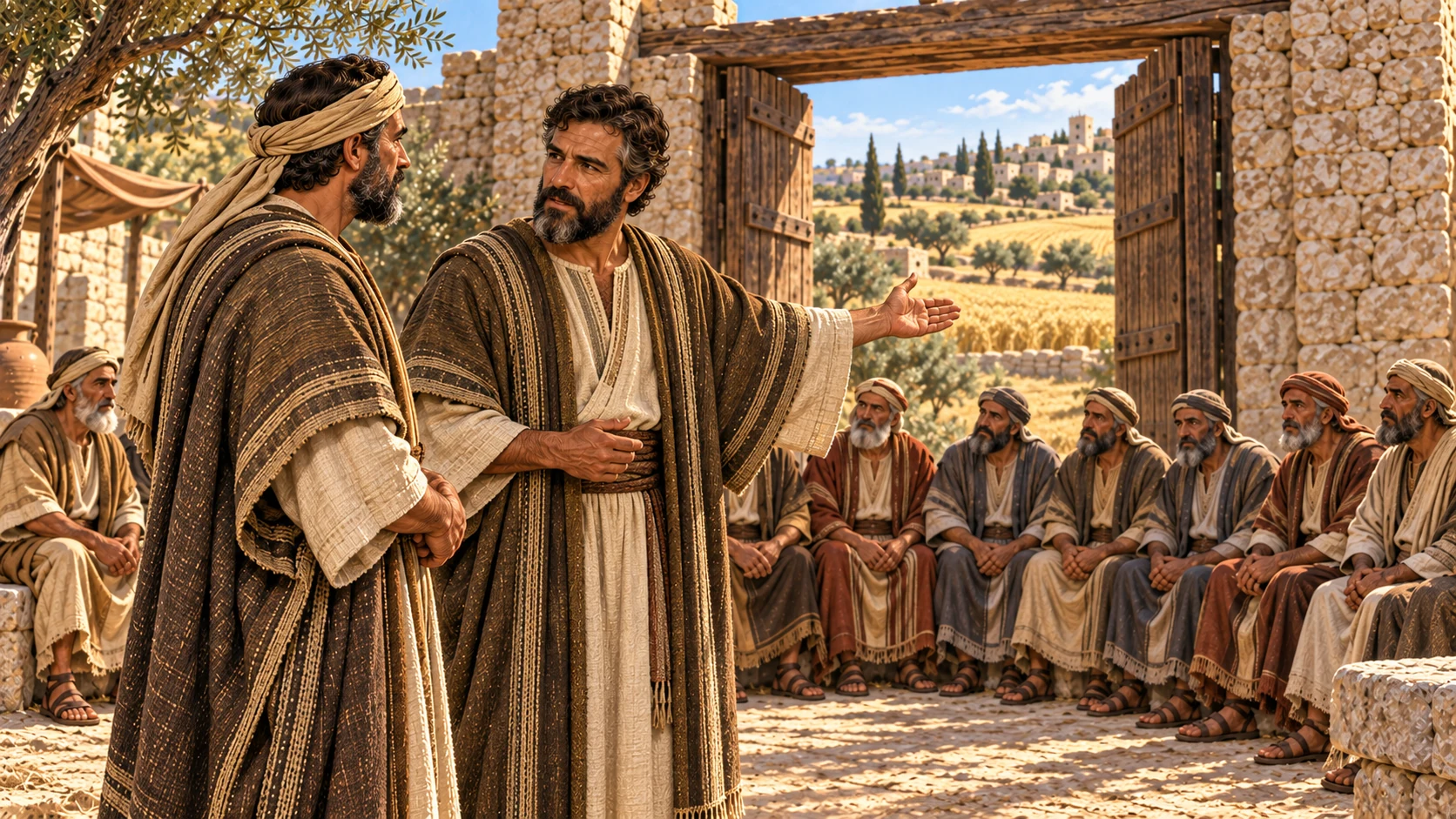 Boaz points toward the field while the nearer redeemer listens.