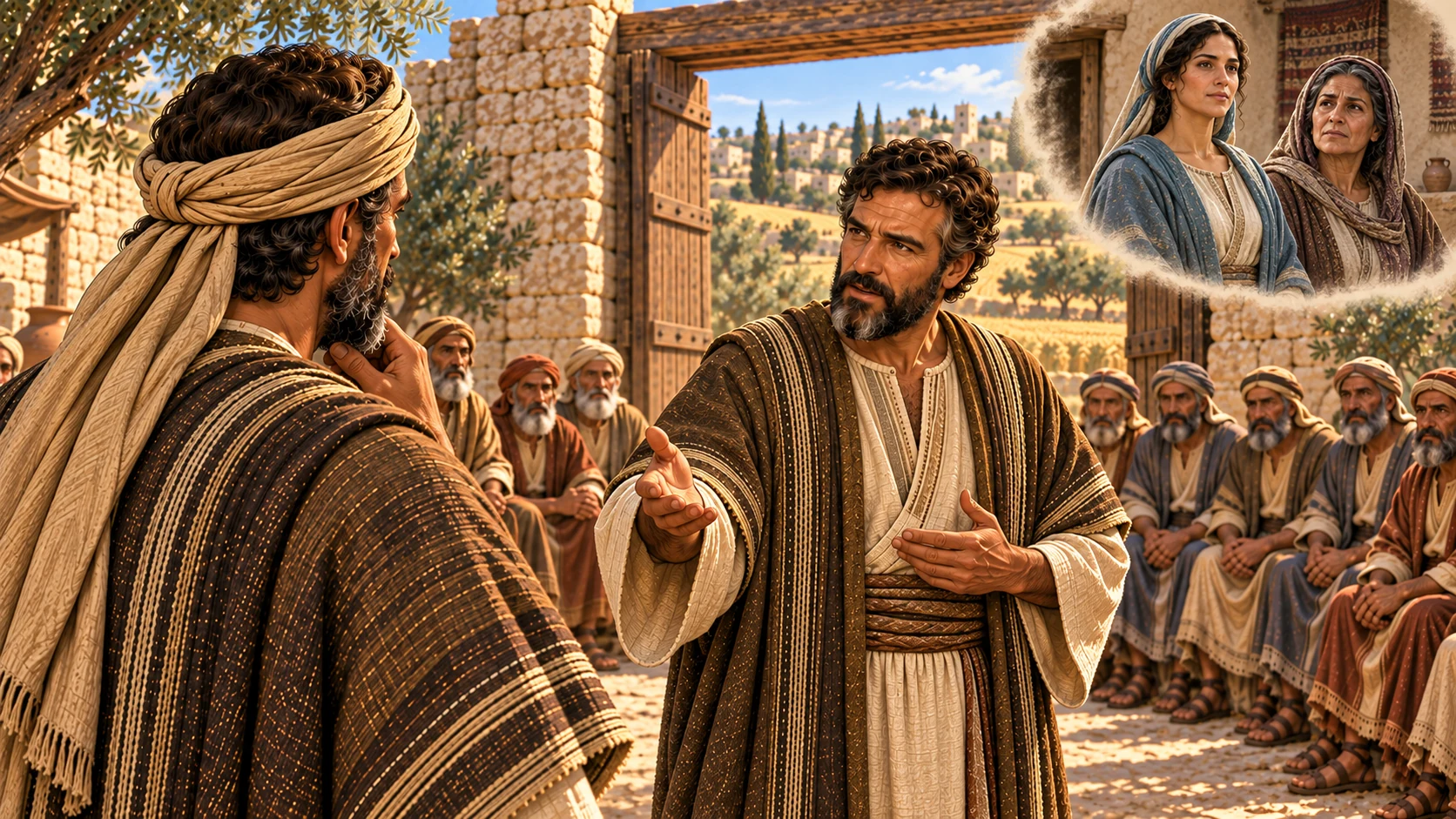 Boaz explains Ruth’s role while the nearer redeemer listens.