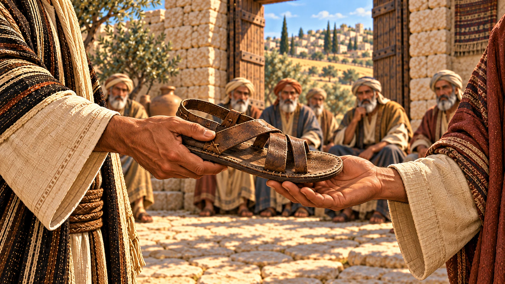 A single sandal passes between hands before seated witnesses.