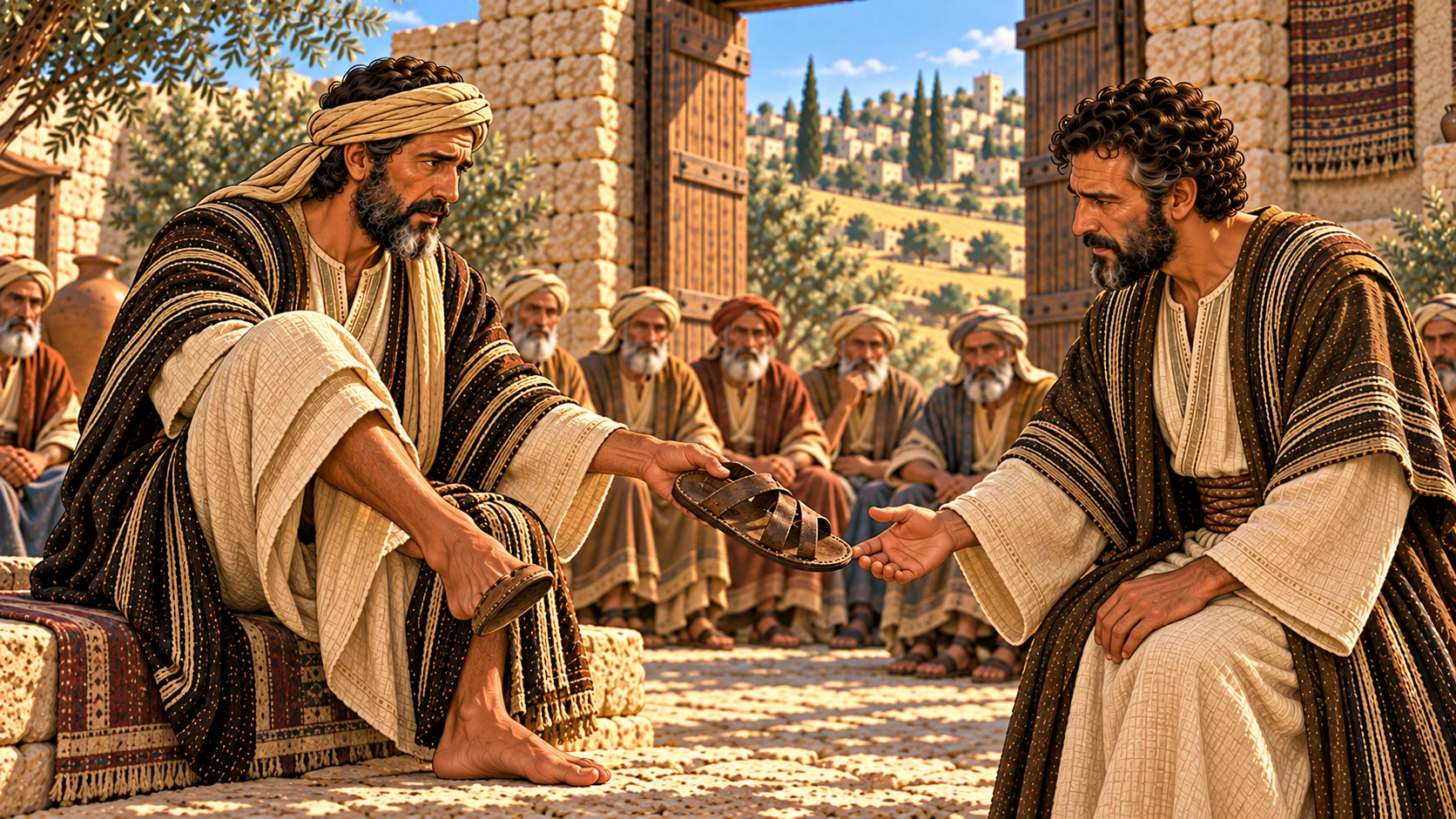 The nearer redeemer removes his sandal and extends it to Boaz.