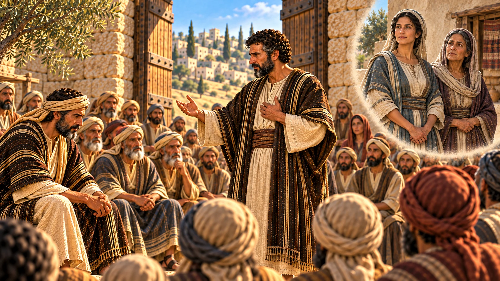 Boaz declares his intent before witnesses while Ruth is shown with Naomi at home.