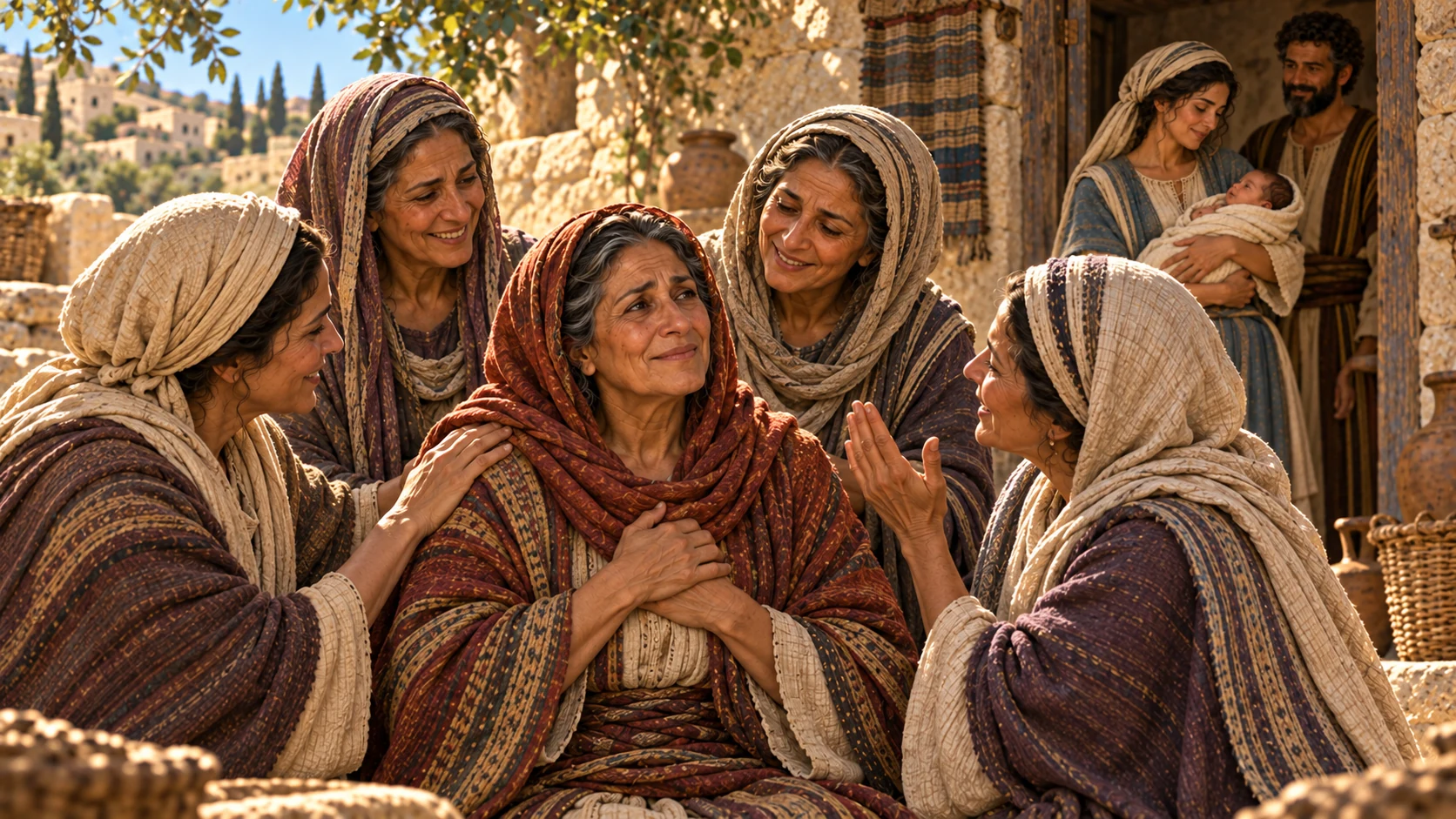 Women gather around Naomi while Ruth holds the newborn nearby.