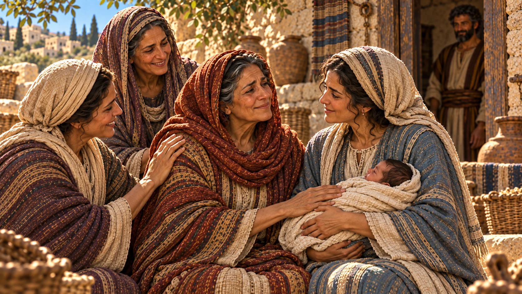 Ruth and Naomi share affection over the child as neighbors affirm them.