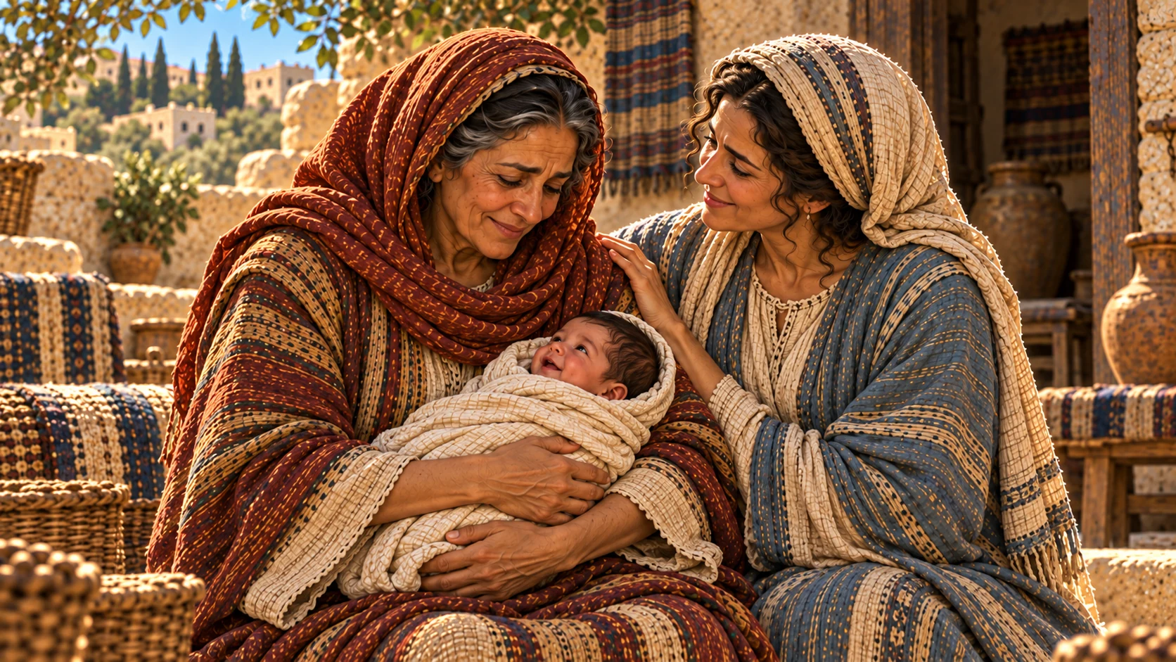 Naomi cradles the baby in her lap as Ruth looks on.