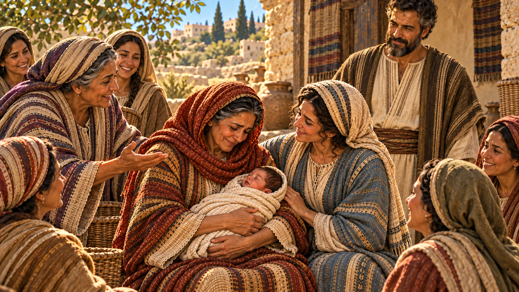 Neighbor women name the newborn in Naomi’s arms.