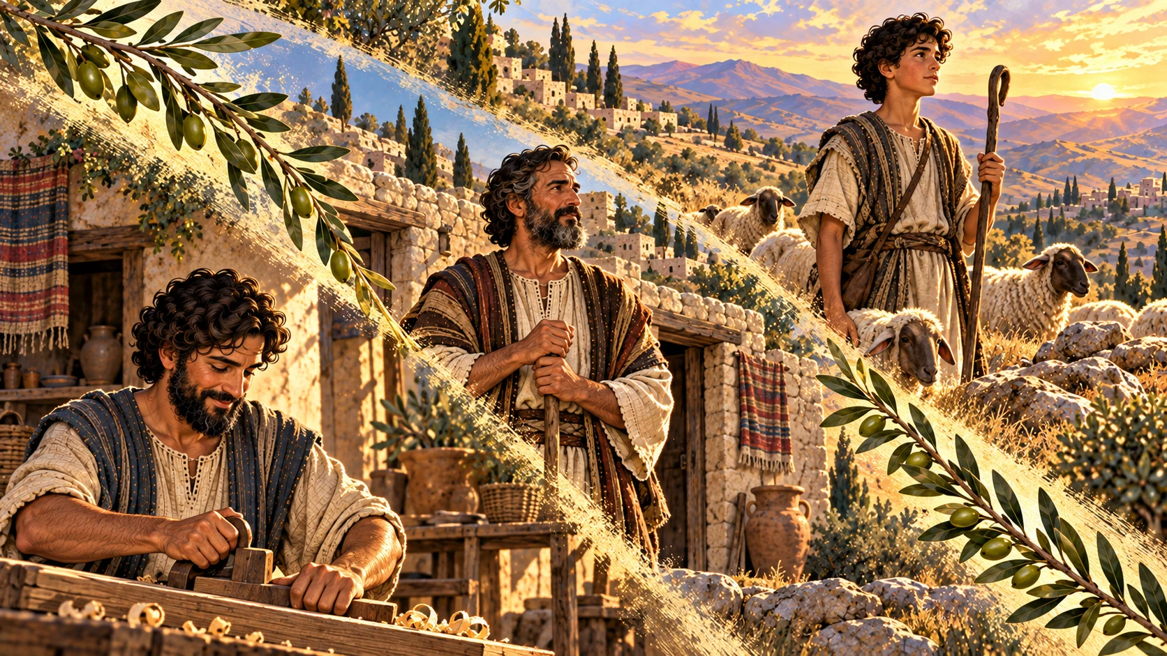 Adult Obed and Jesse lead across time to young David with his shepherd’s staff.