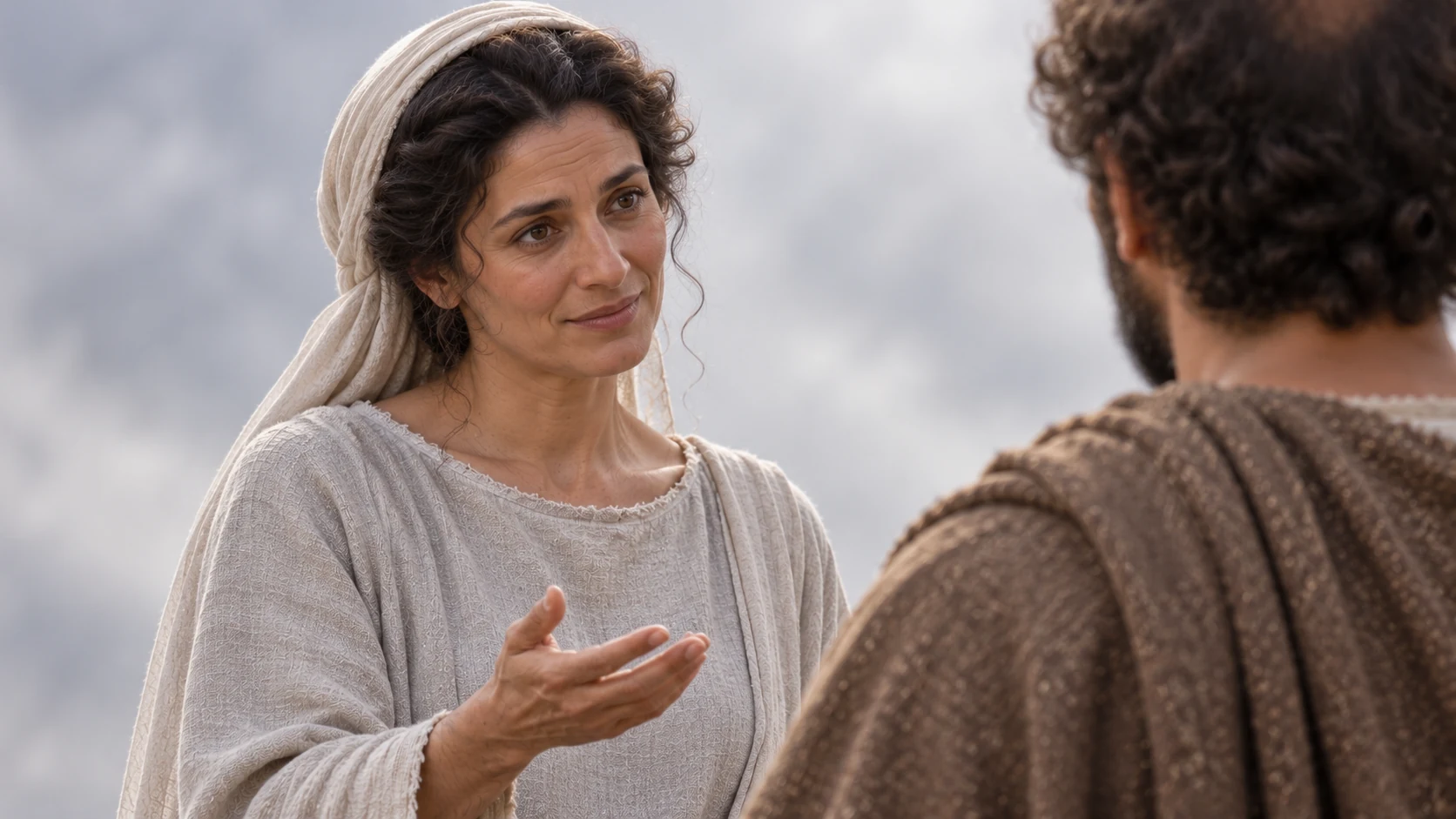 A dark-haired visionary woman smiles slightly as she speaks to Hermas.