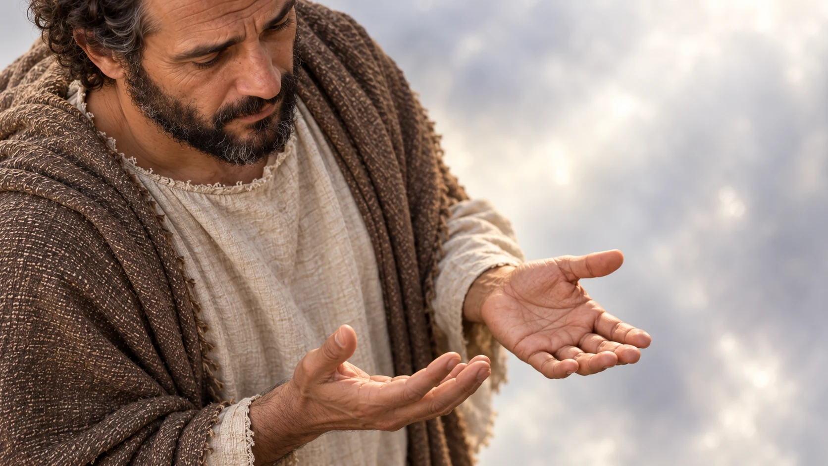 Hermas looks thoughtfully toward his open hands in soft light.