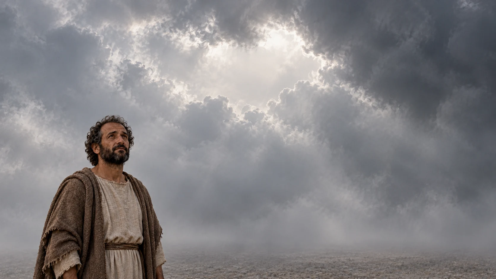 Hermas stands beneath a clouded sky in the vision.