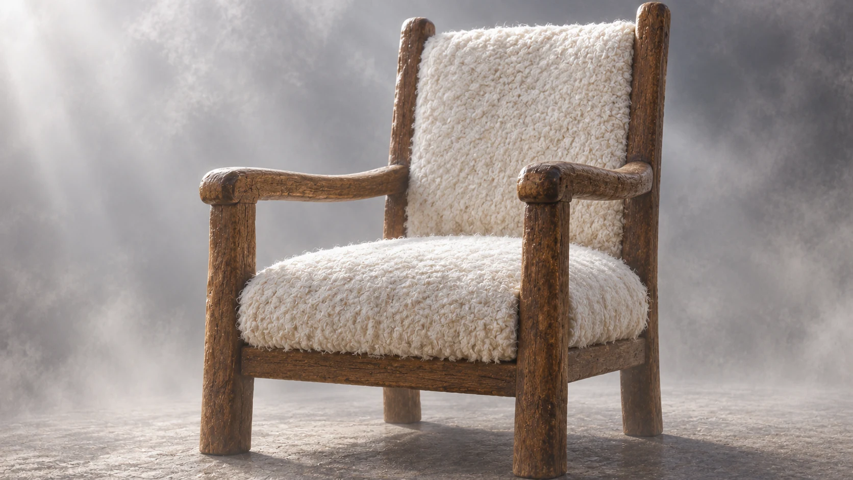 A large plain wooden chair is upholstered in snowy white wool.