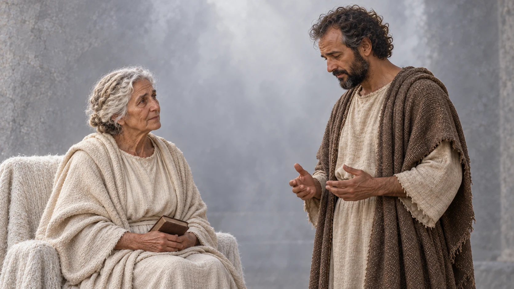 Hermas explains his sorrow to the elderly woman seated with her book.